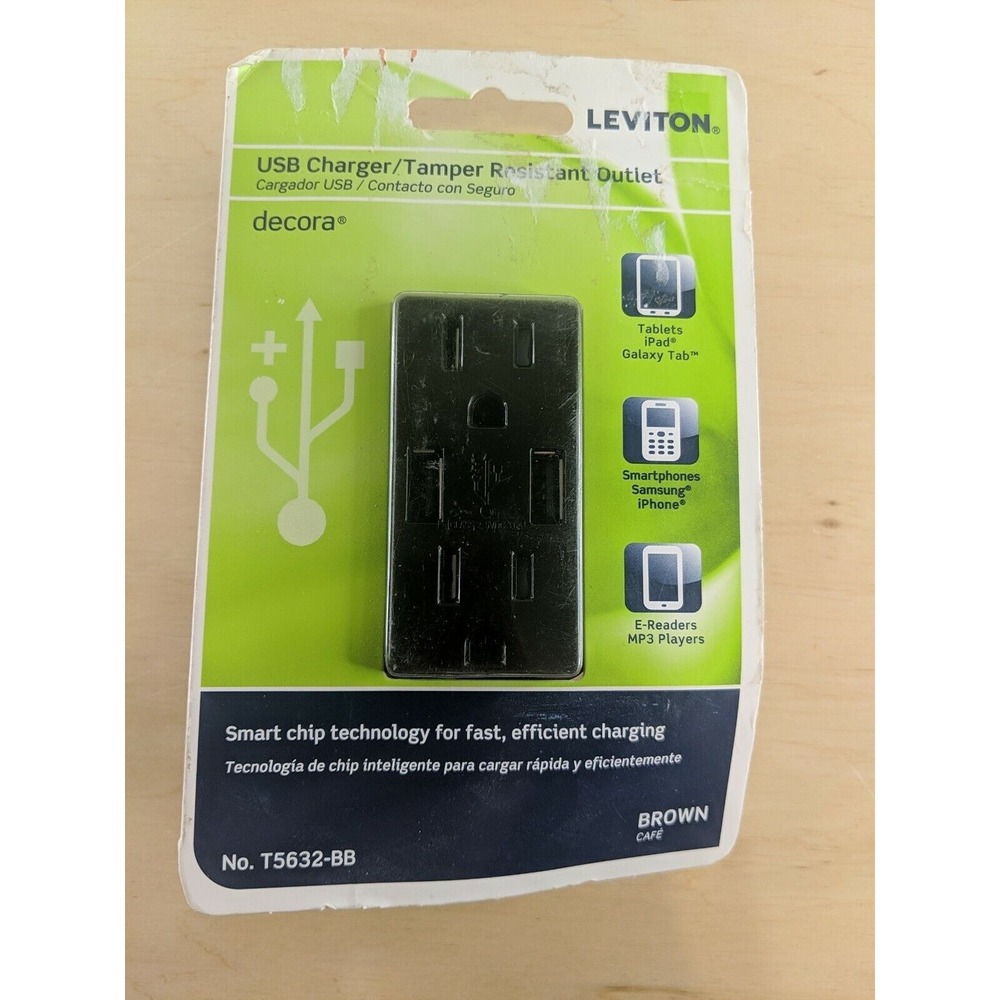 Leviton T5632-BB Decora USB Charger Tamper Resistant Outlet 15A 125V Brown